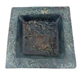 Vintage High Relief Cast Iron Metal Square Bowl Dish Ashtray Dragon Motif